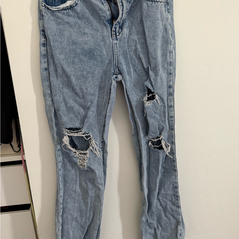 SHEIN Blue Straight Leg Jeans with Distressed Details